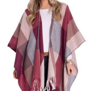 WOOLRICH Women's Wrap SHAWL Cape PONCHO Purple Red Gray PLAID Blanket ONE SIZE